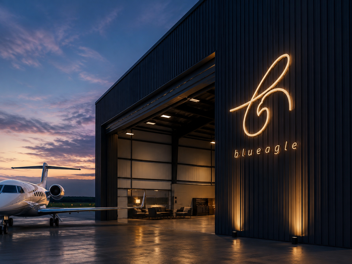 Blue Eagle hangar with illuminated signage at dusk