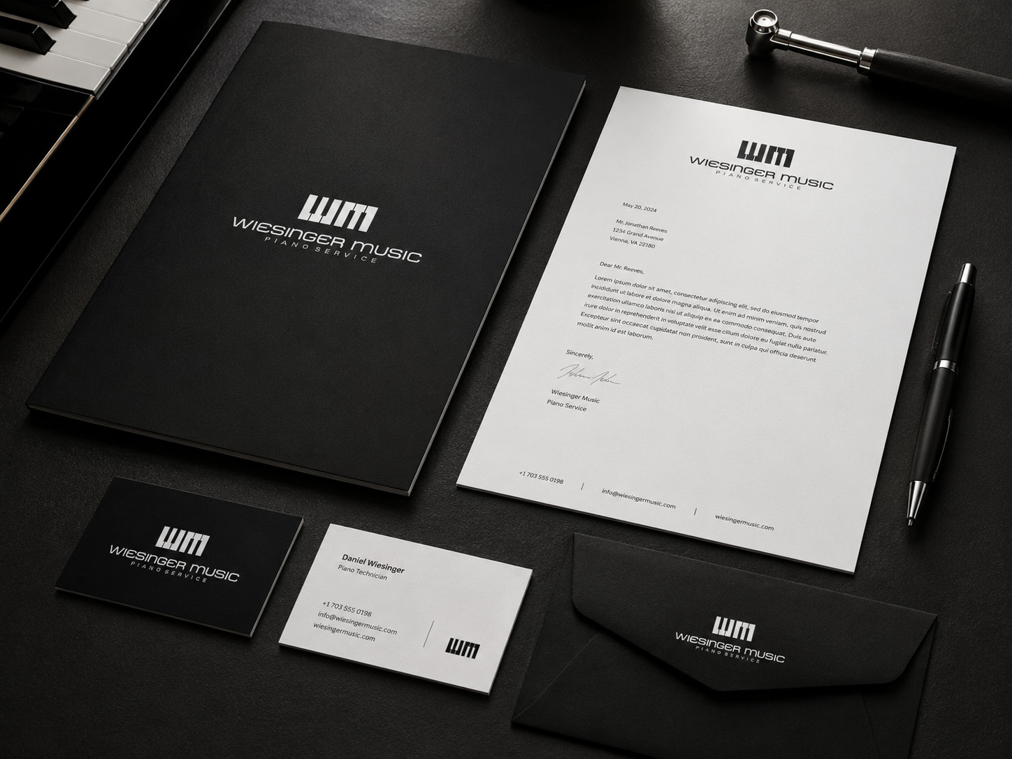 Weisinger Music stationery, letterhead, business cards and envelope